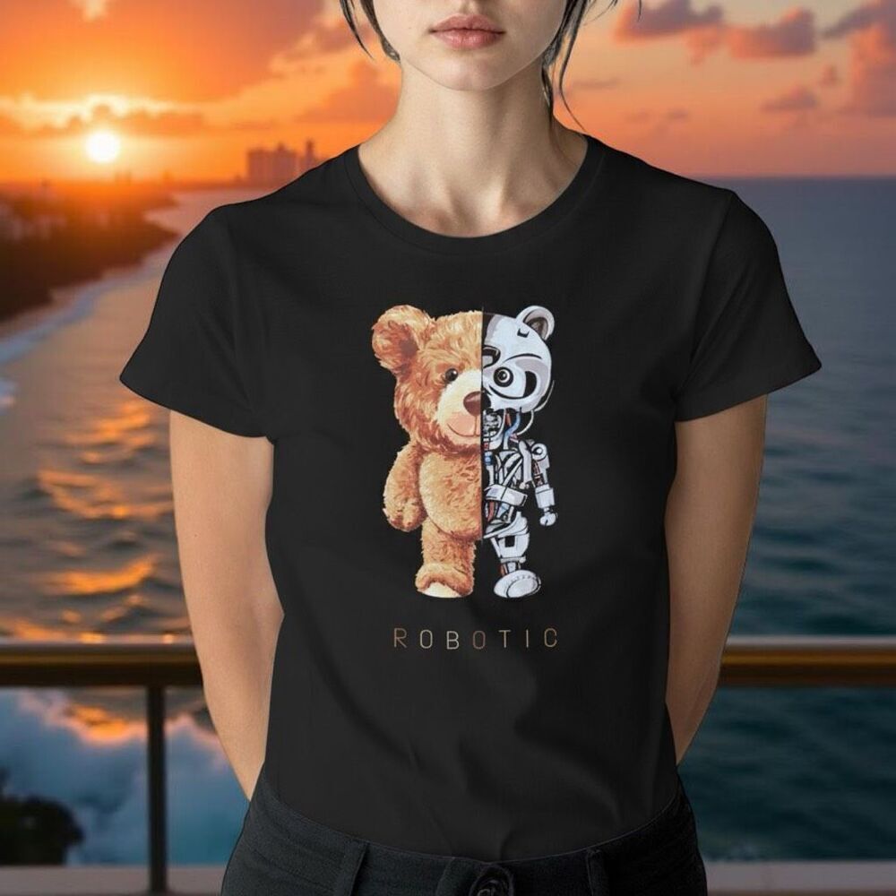 Unisex Black Robotic Bear Graphic T shirt Size M